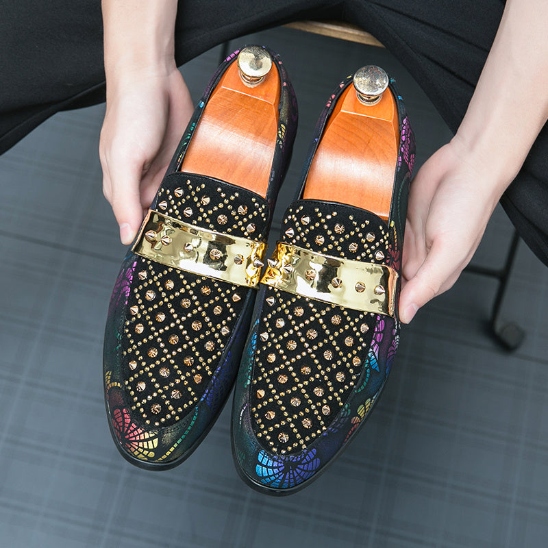 Stylish Multicolor Men's Loafers with Golden Studs - PU Upper, Rubber Sole, Low-Top Design - Perfect for Formal Events, Parties, and Weddings, Wedding Shoes | Elegant Men's Footwear | Decorative Golden Studs
